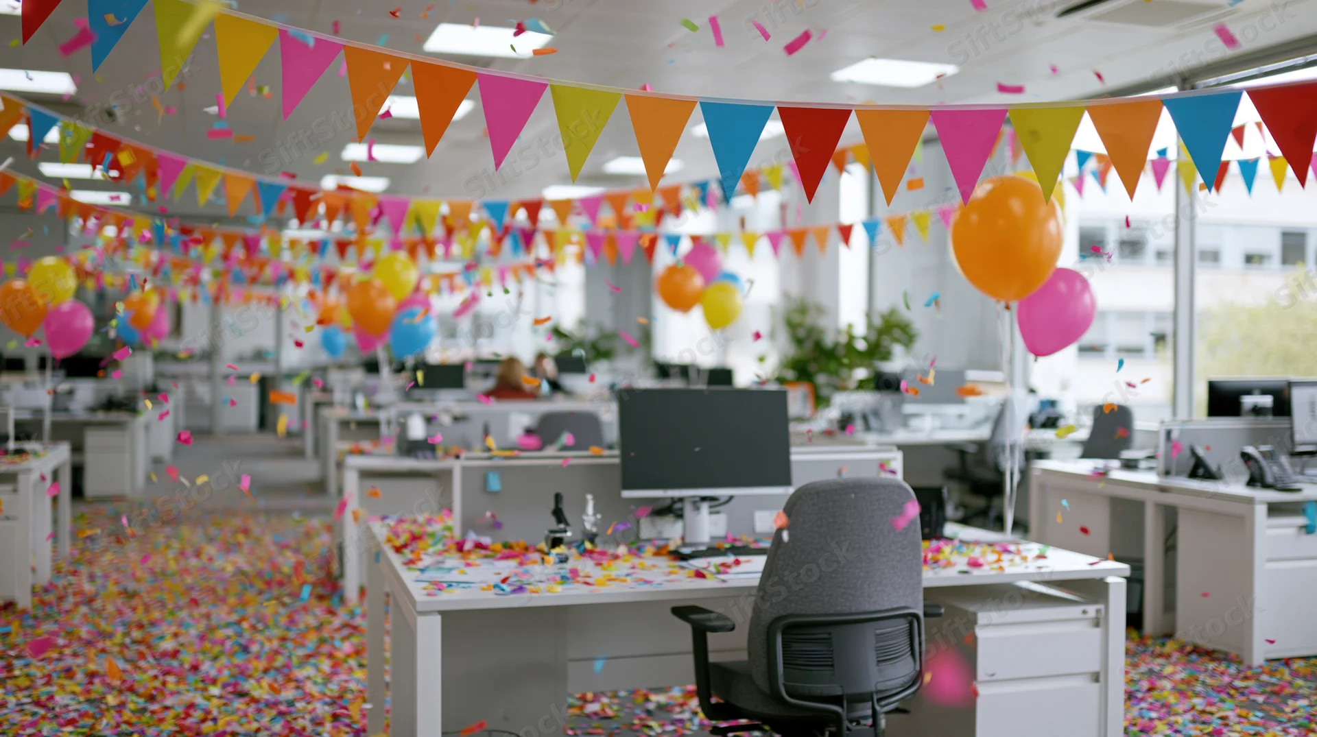 Office decorated with colorful bunting, balloons and confetti for a celebration