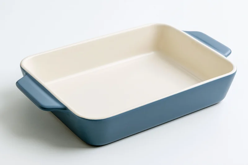 Blue enamel baking dish with white interior and handles on white background