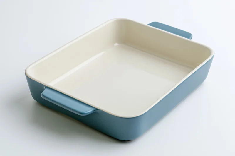 Blue and white ceramic baking dish with handles on white background