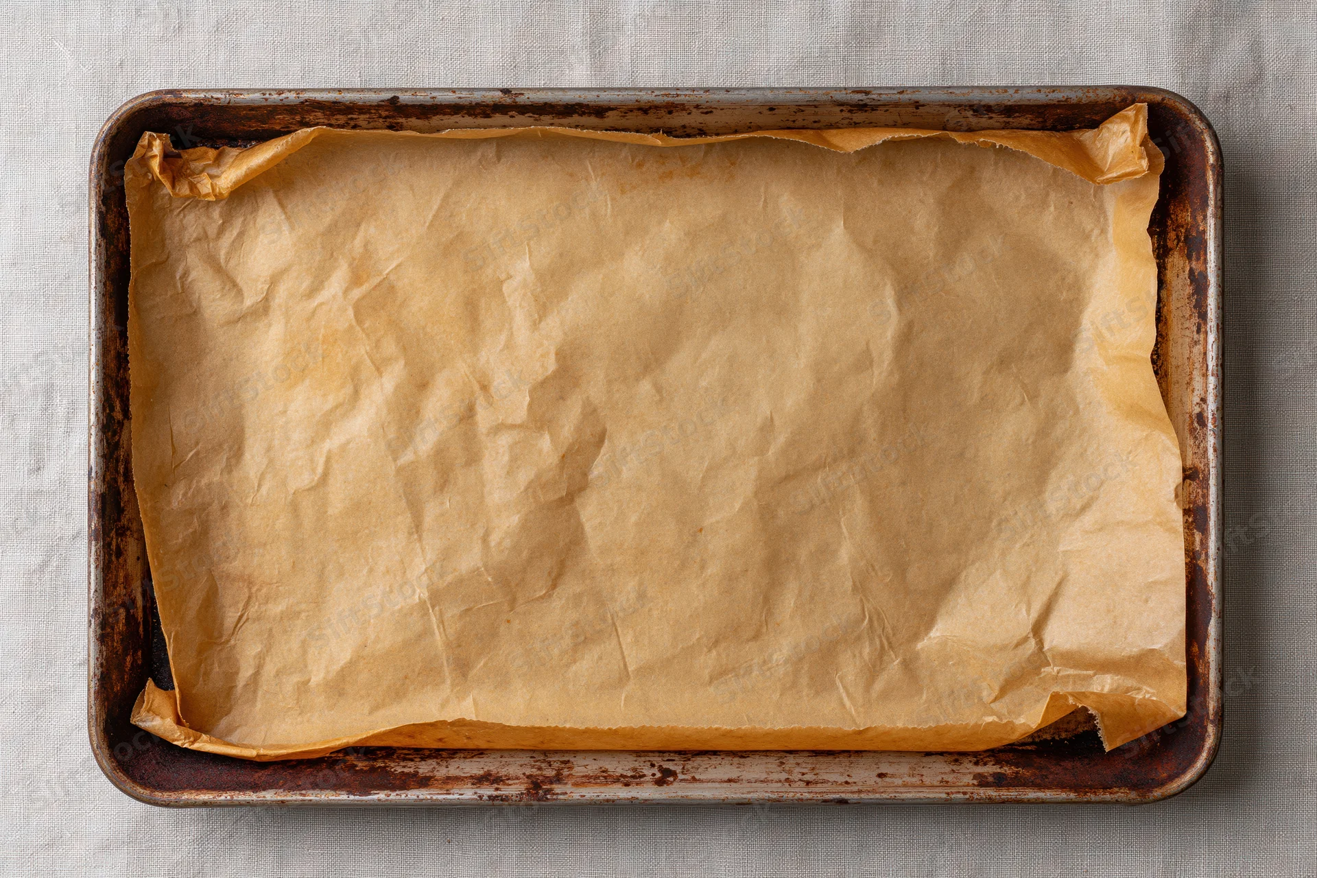 Parchment paper lining a metal baking tray on a linen cloth surface