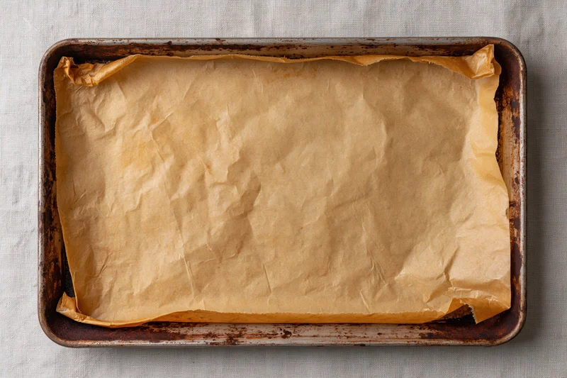 Parchment paper lining a metal baking tray on a linen cloth surface