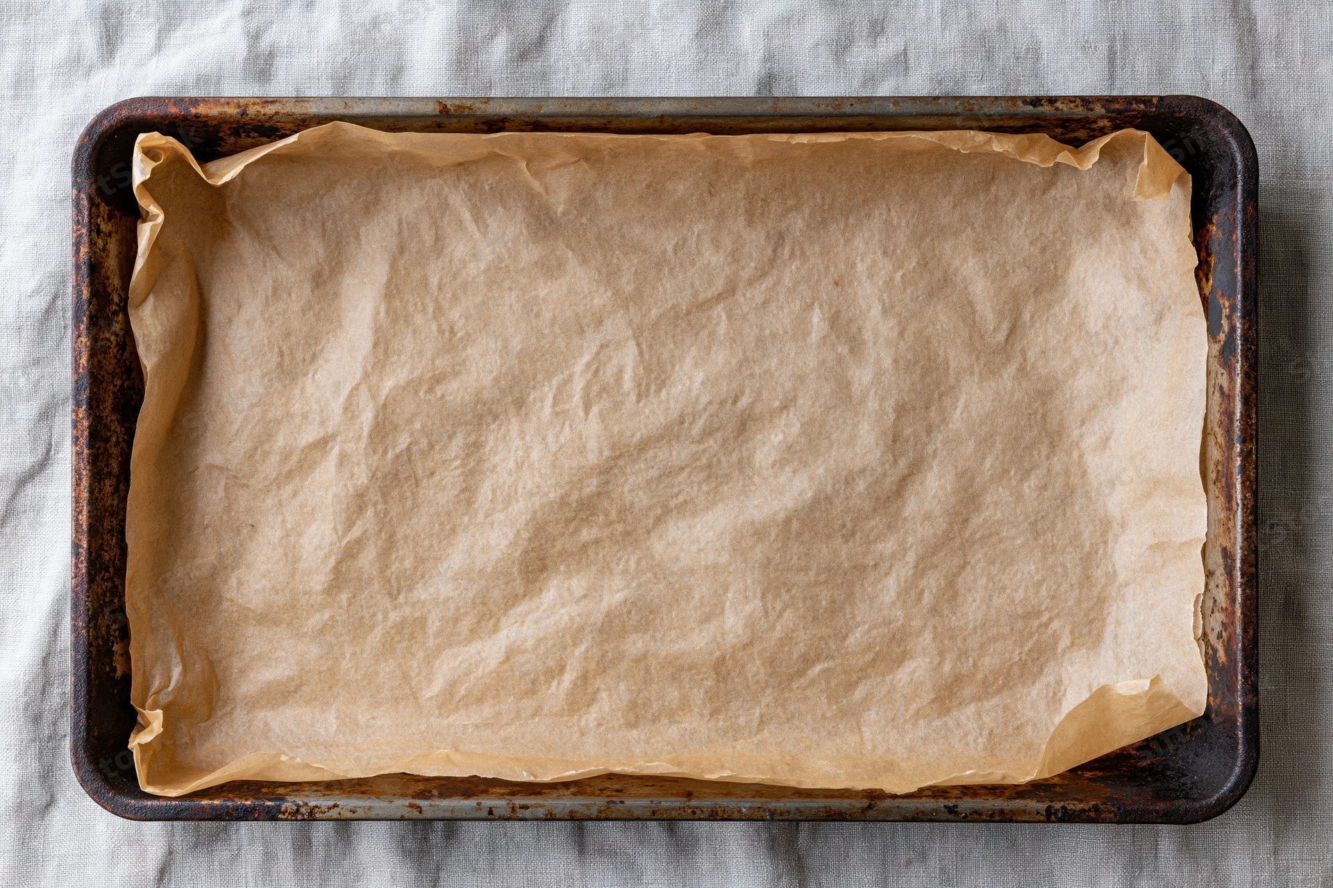 Parchment paper lining a metal baking pan on a linen cloth surface