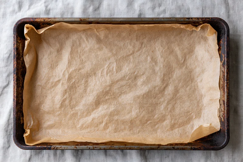 Parchment paper lining a metal baking pan on a linen cloth surface