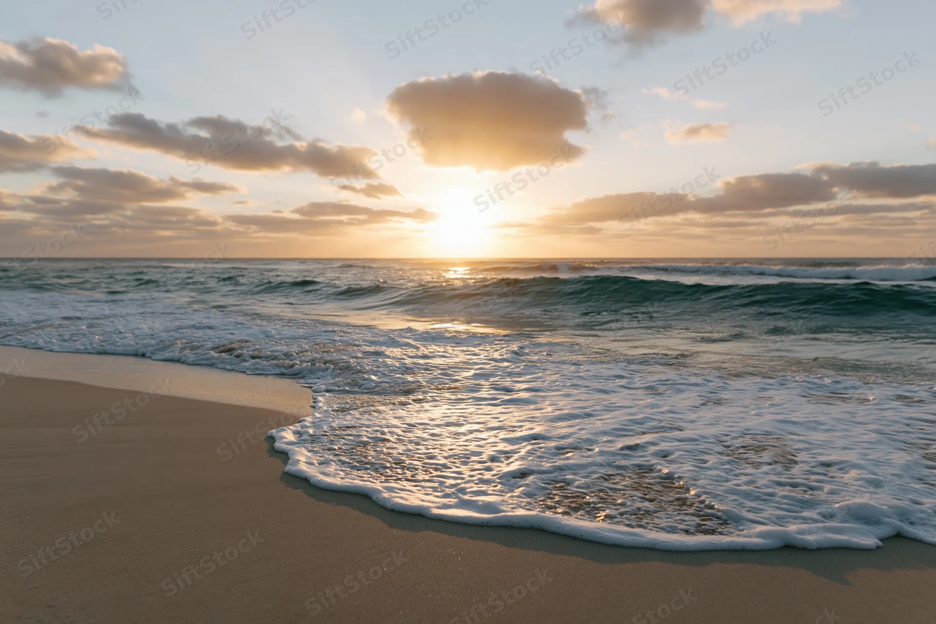 Waves breaking on sandy beach at sunset with clouds in sky