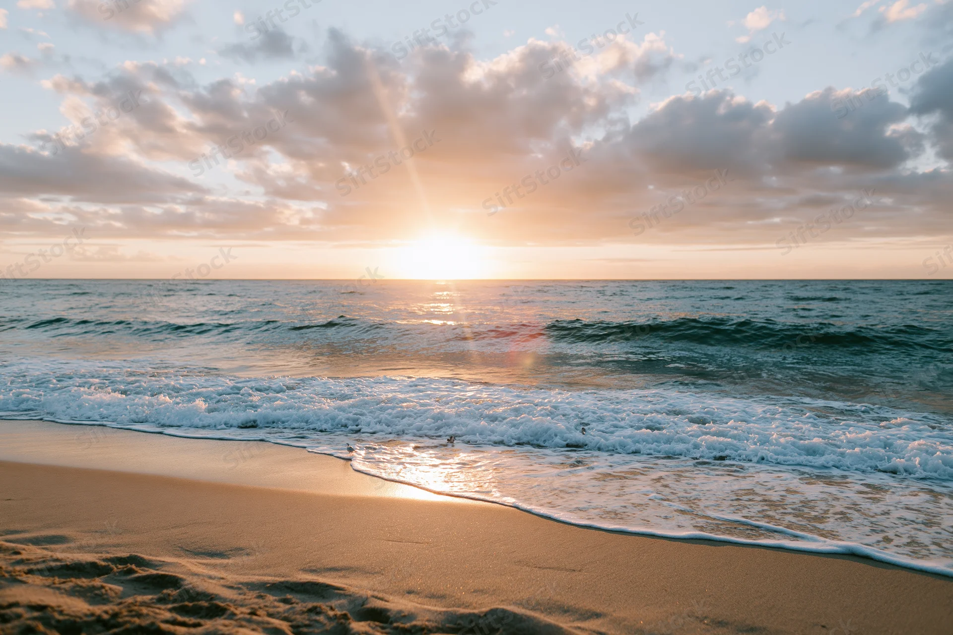 Sunset over ocean waves washing onto sandy beach at golden hour