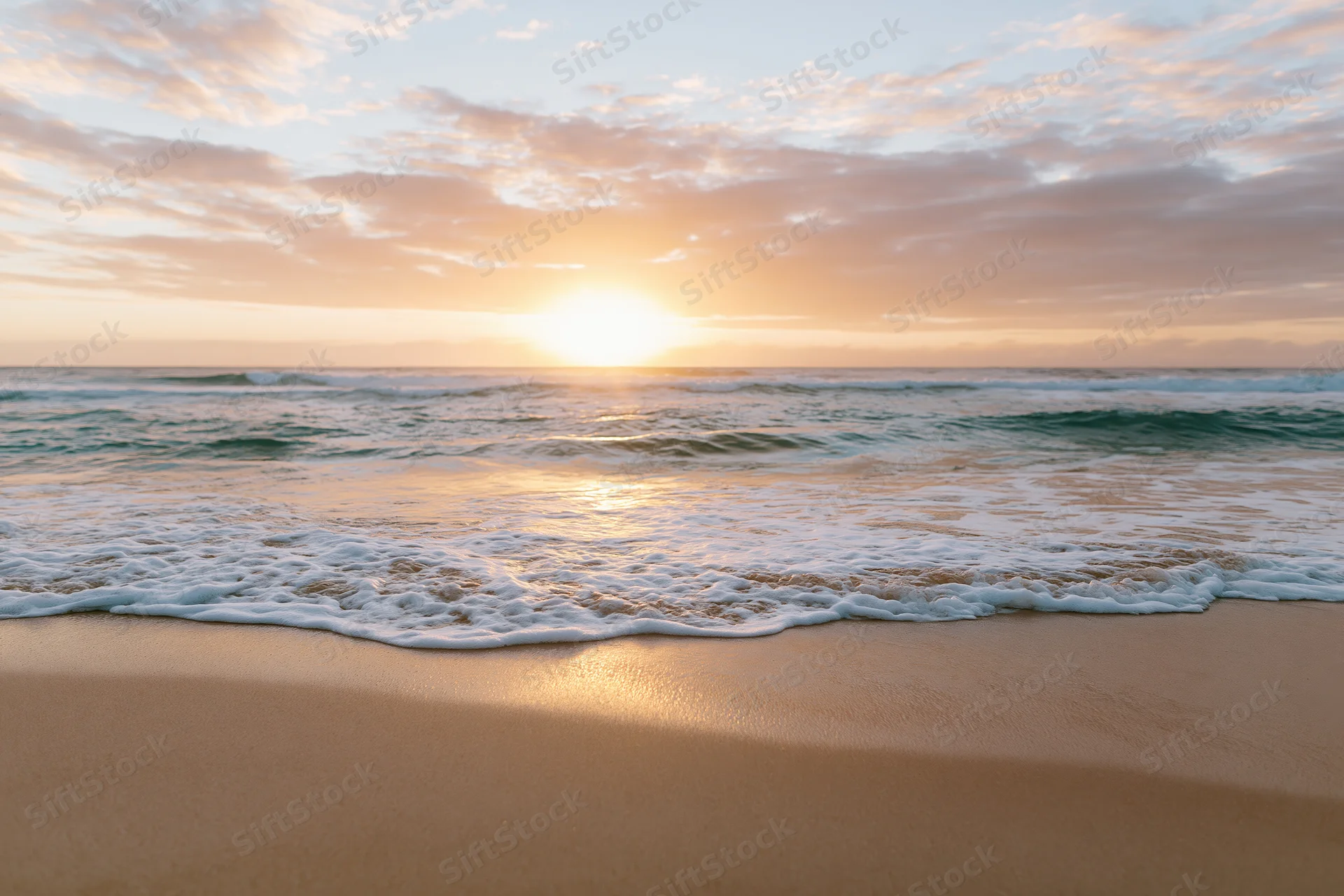 Sunset over ocean waves washing onto sandy beach at dusk