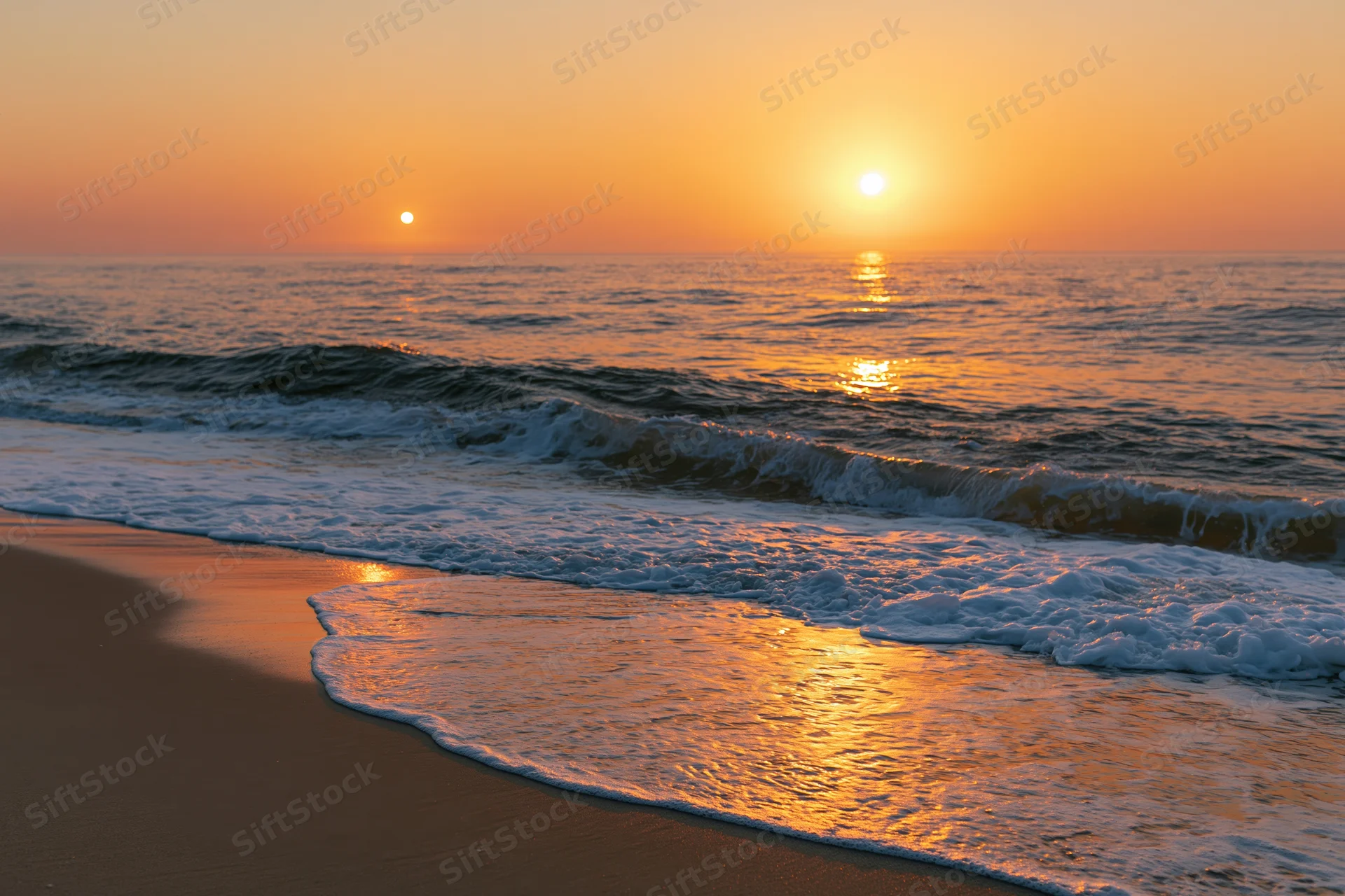 Waves rolling onto sandy beach at sunset with golden light reflecting on water and sand