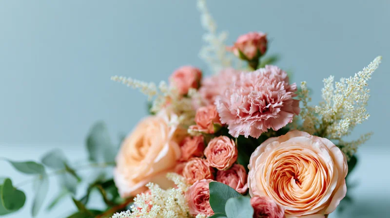 A bouquet of peach roses and pink peonies with astilbe and eucalyptus arranged against a soft blue background