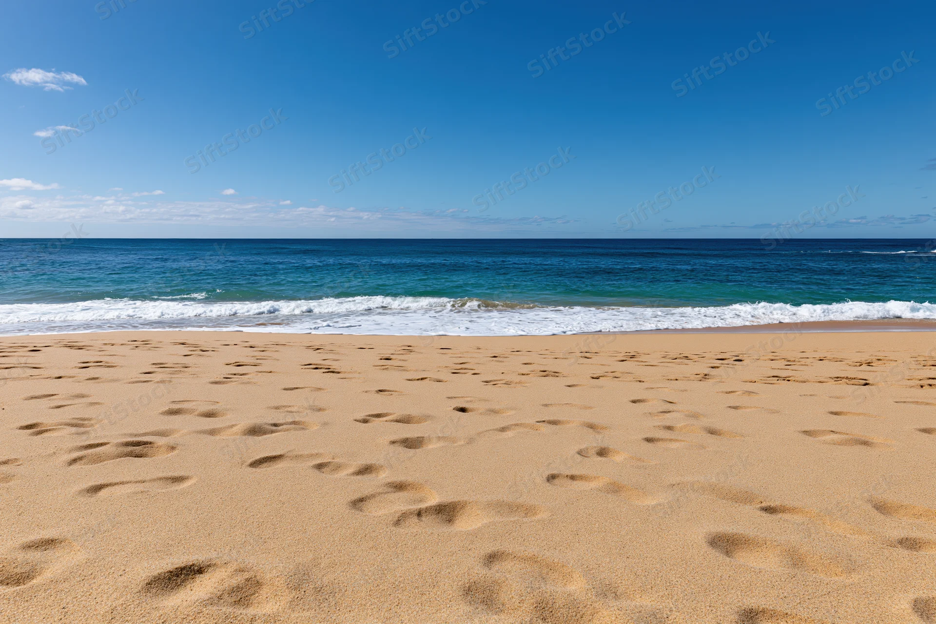 Footprints in the sand along a sunny beach with ocean waves and blue sky