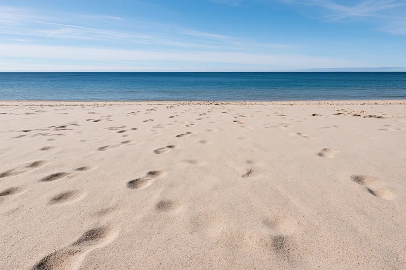 Footprints in the sand along a calm ocean shoreline under a clear blue sky