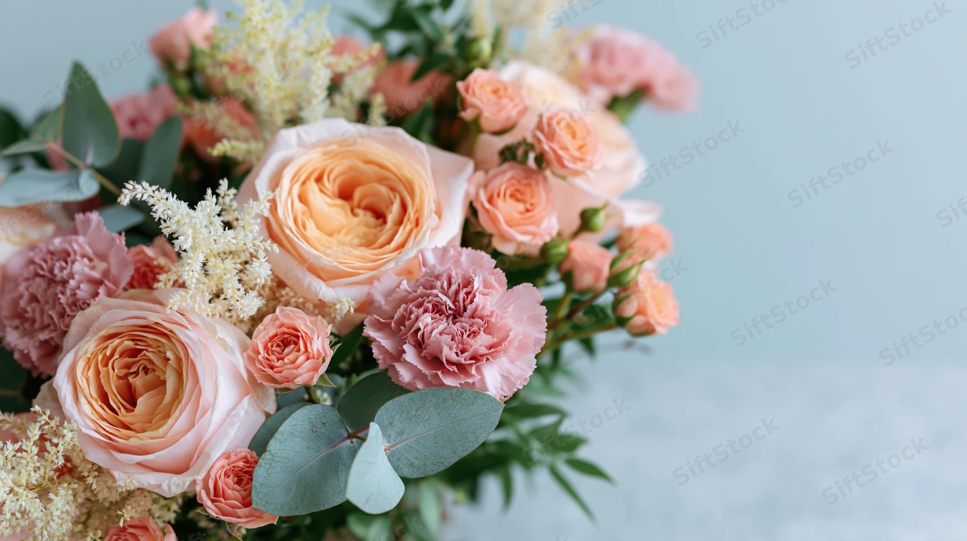 A bouquet of pink and peach roses with peonies and eucalyptus arranged on a light blue background