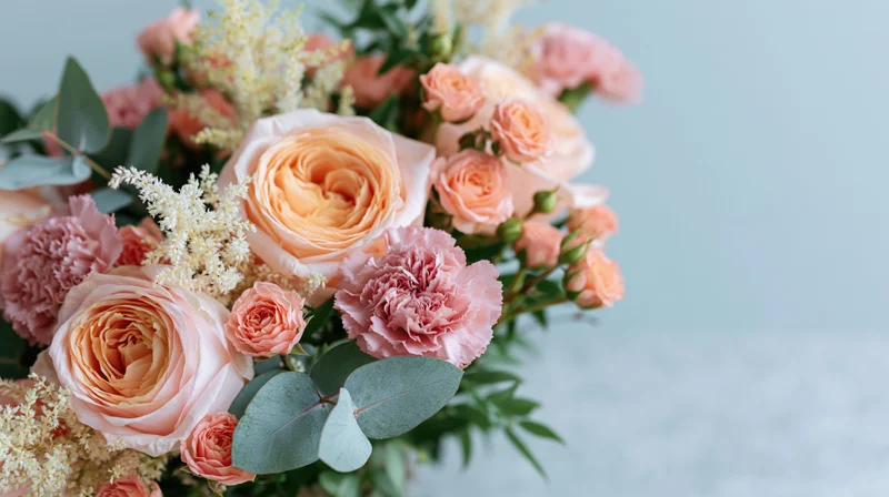 A bouquet of pink and peach roses with peonies and eucalyptus arranged on a light blue background