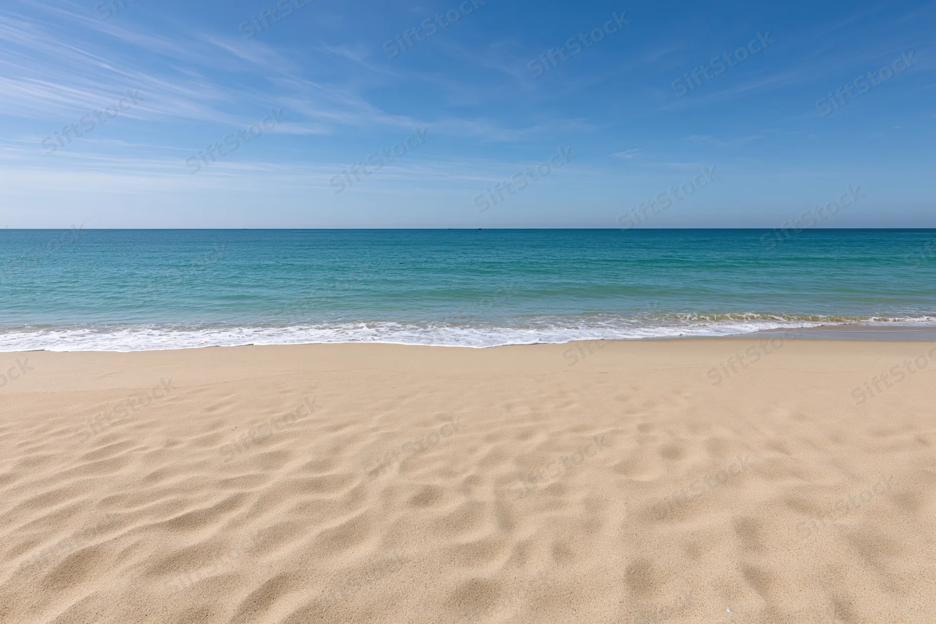 Sandy beach with gentle waves meeting the shore under a clear blue sky