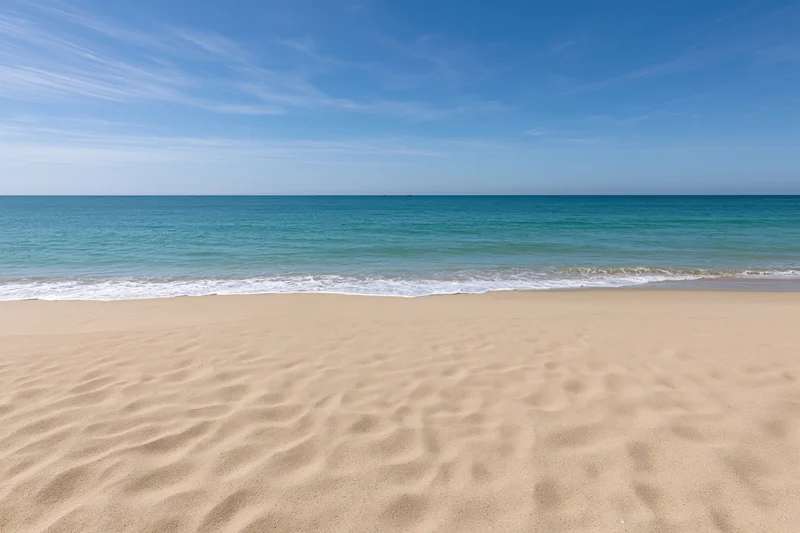 Sandy beach with gentle waves meeting the shore under a clear blue sky