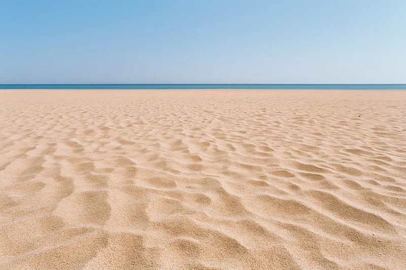 Rippled sand stretching to the ocean under a clear blue sky