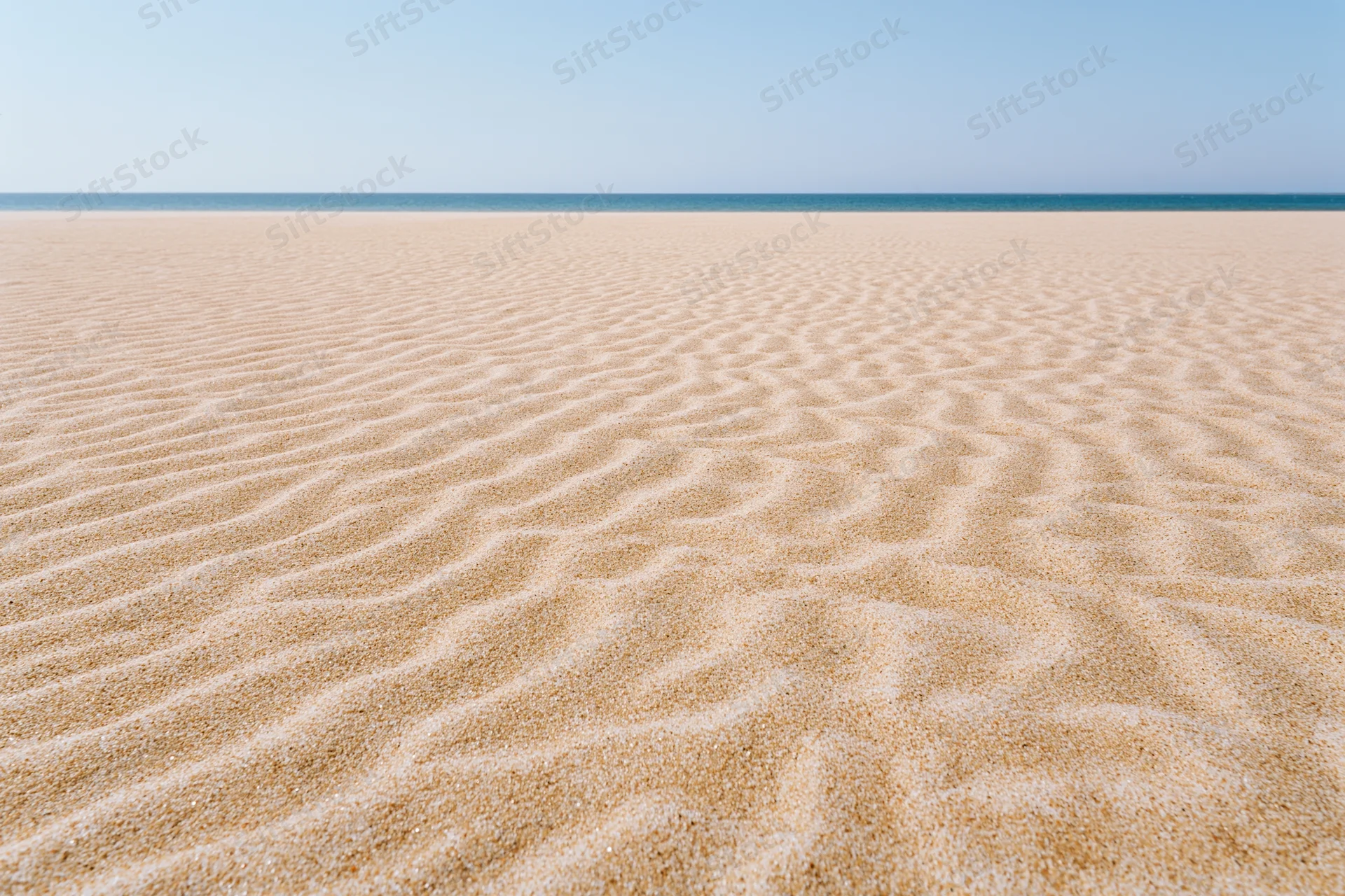 Rippled sand stretching to the ocean horizon under clear sky