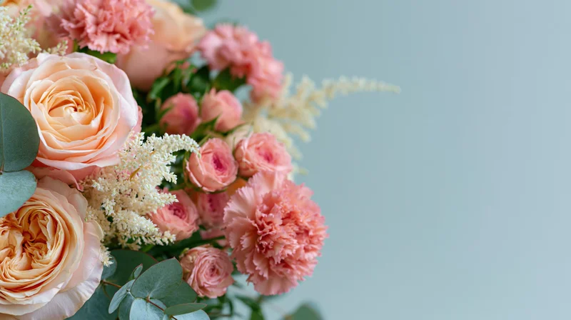 A bouquet of pink roses, peonies and eucalyptus arranged in soft pastel tones against a light blue background