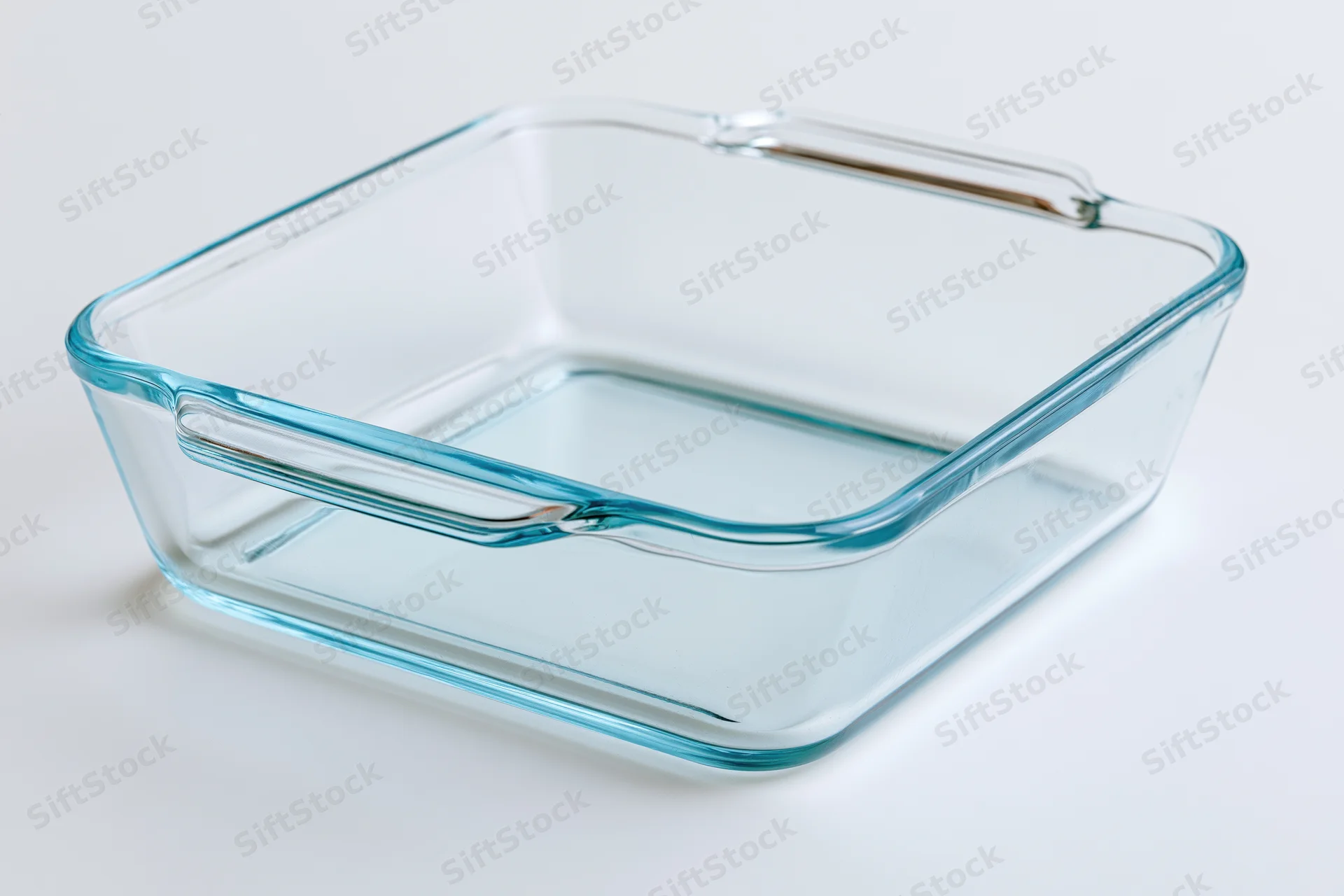 Transparent square glass baking dish with handles on white background