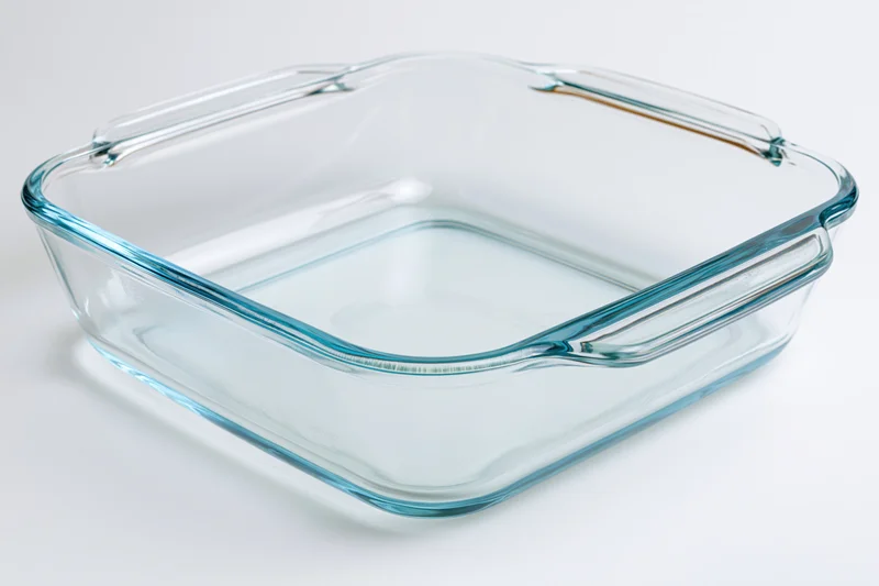 Transparent glass baking dish with blue rim on white background