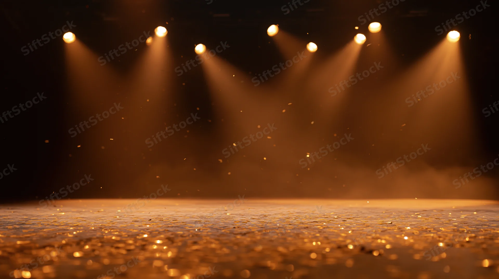 Stage floor illuminated by spotlights with floating dust particles in warm golden light