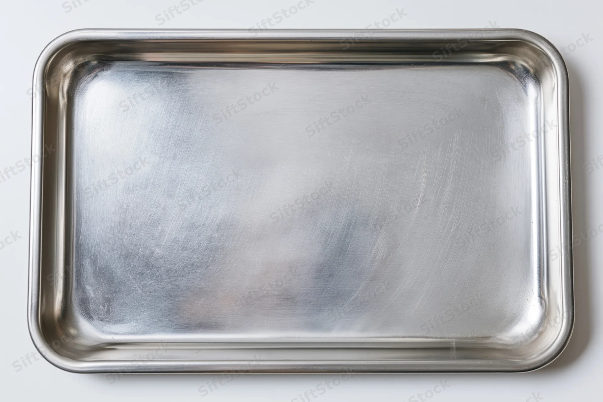 Rectangular metal baking tray on white background