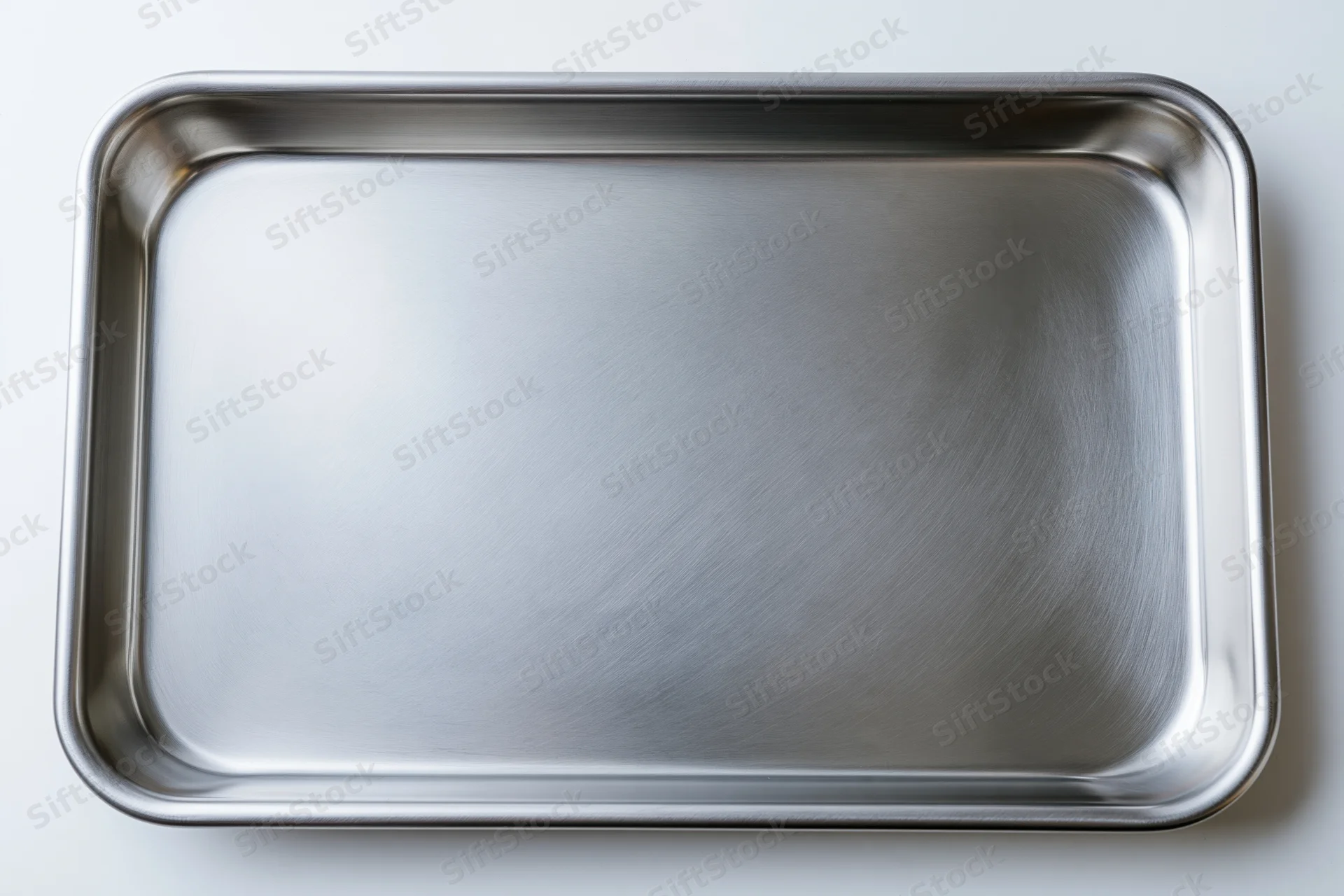 Stainless steel baking tray viewed from above on white background