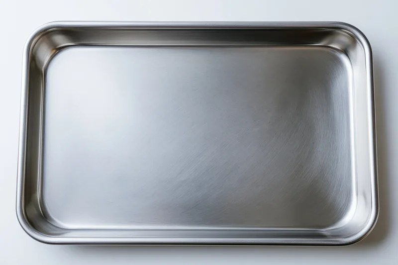 Stainless steel baking tray viewed from above on white background