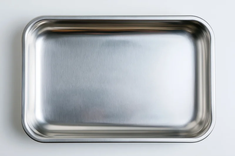 Stainless steel tray viewed from above on white background