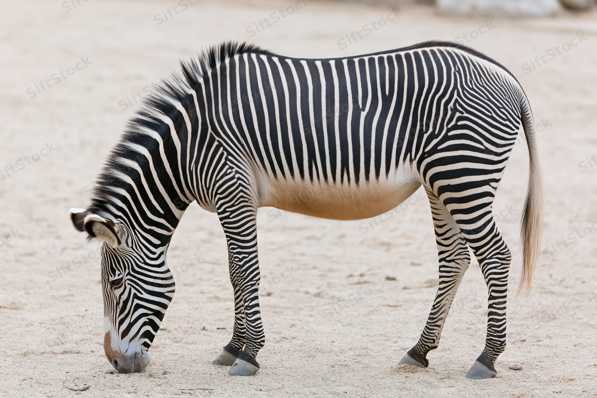 Zebra grazing on sandy ground in natural habitat