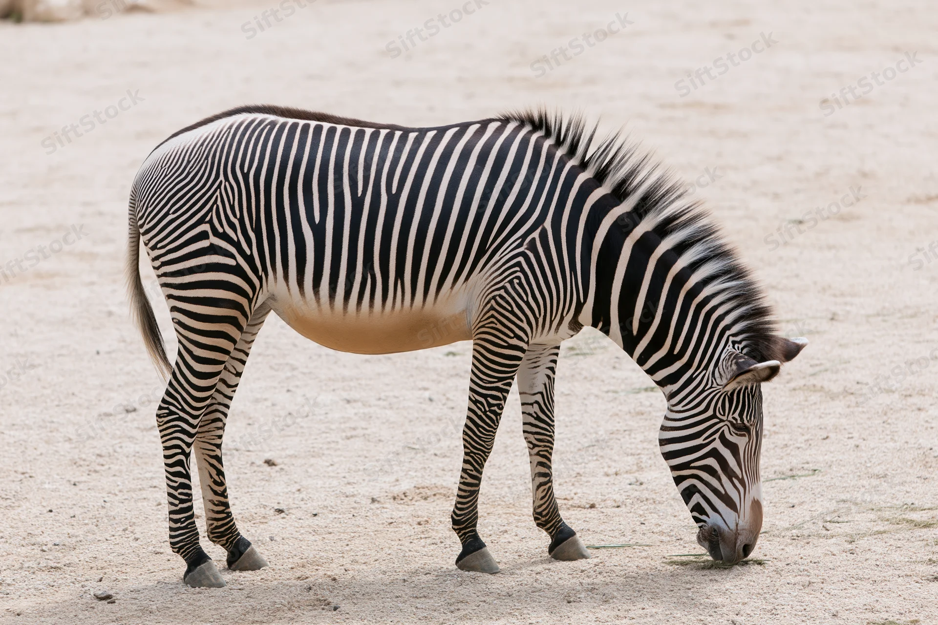 Zebra grazing on dry ground in savanna habitat