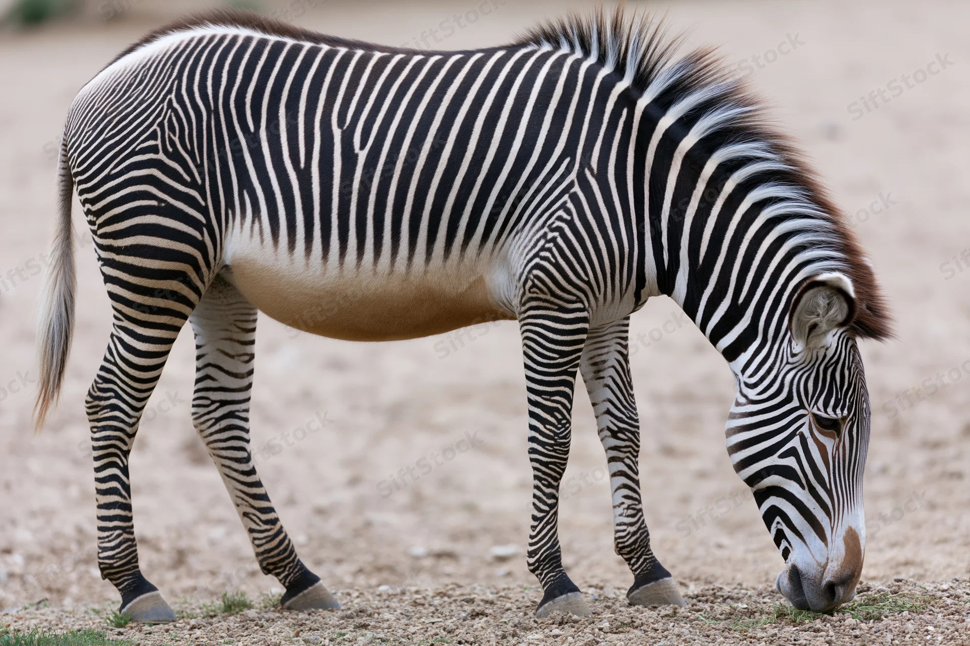 Grevy zebra grazing on dry ground in savanna habitat