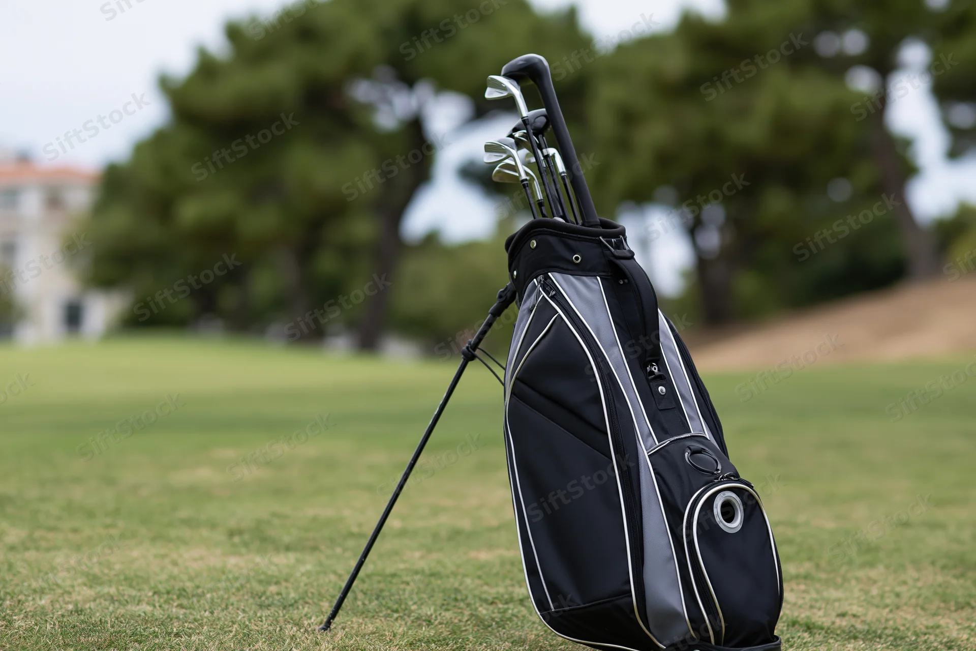 Black and grey golf stand bag with clubs upright on a grassy golf course