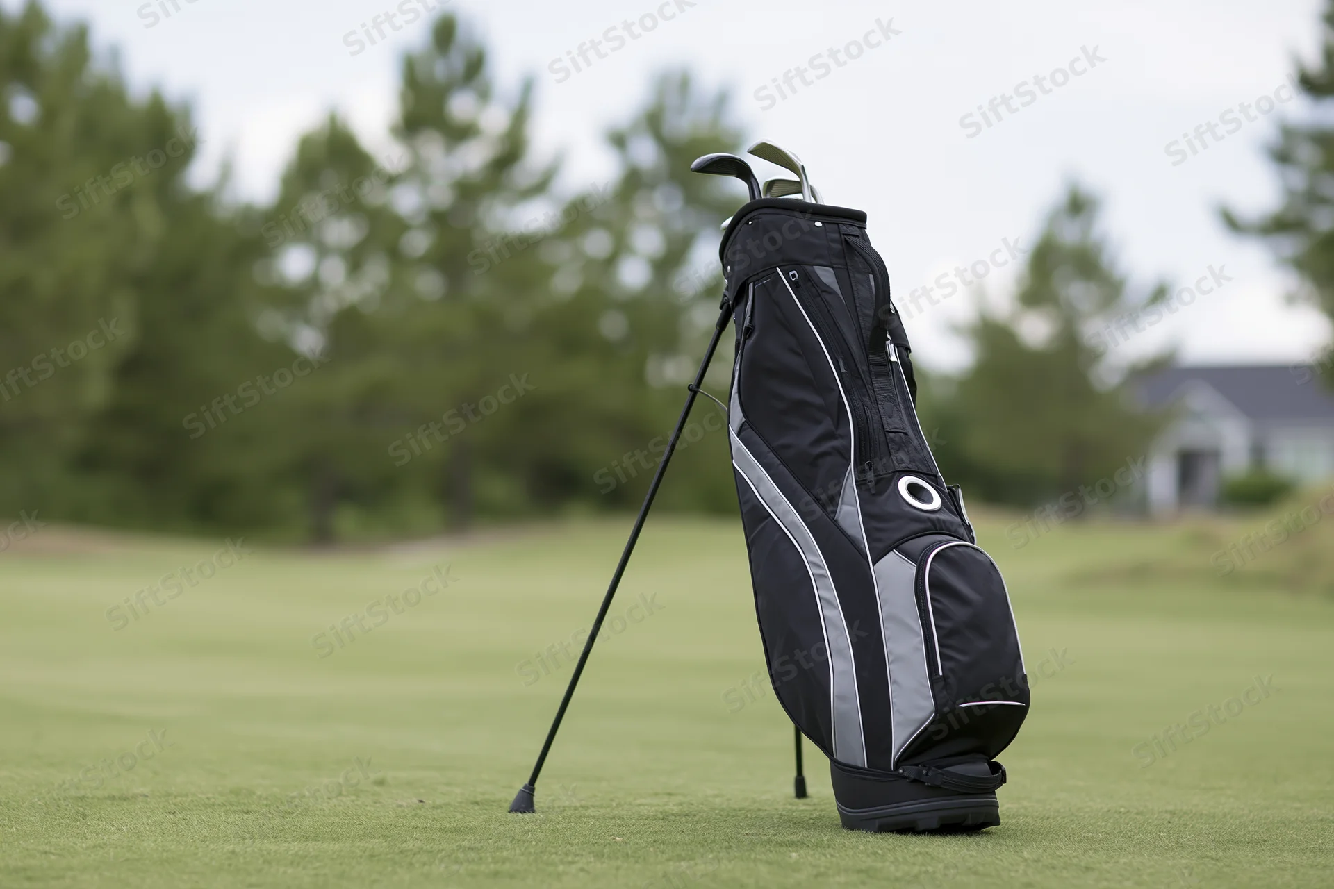 Black and grey golf stand bag upright on manicured grass with trees in background