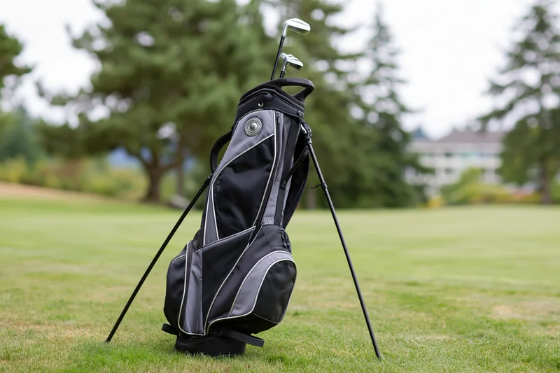 Black and grey golf stand bag with clubs resting upright on a manicured grass field