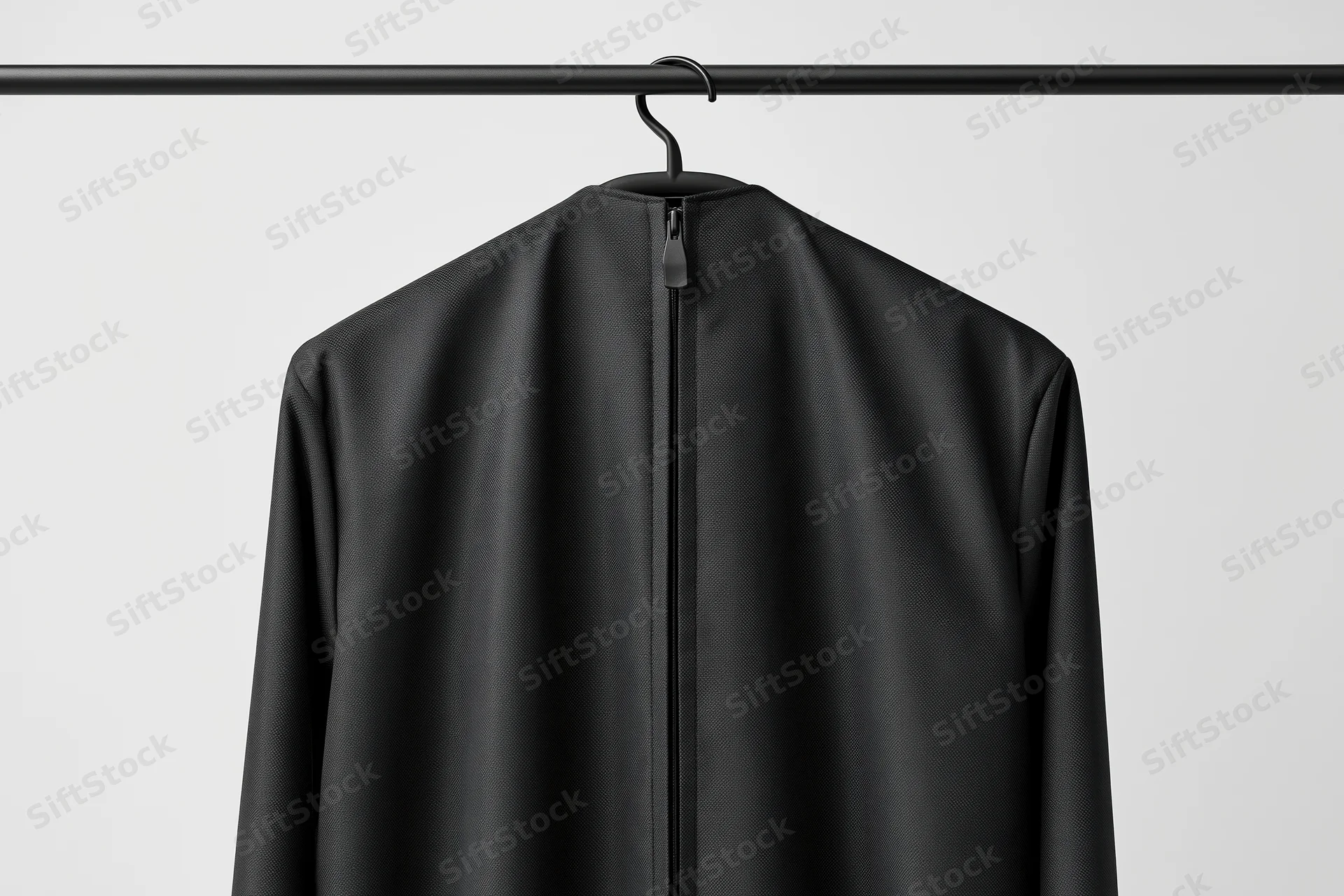 Black coat hanging on a metal rack against a white background