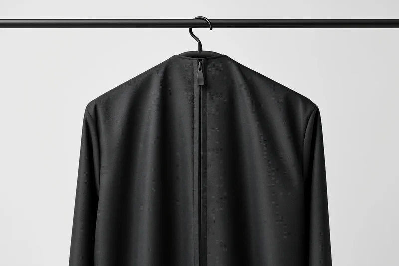Black coat hanging on a metal rack against a white background