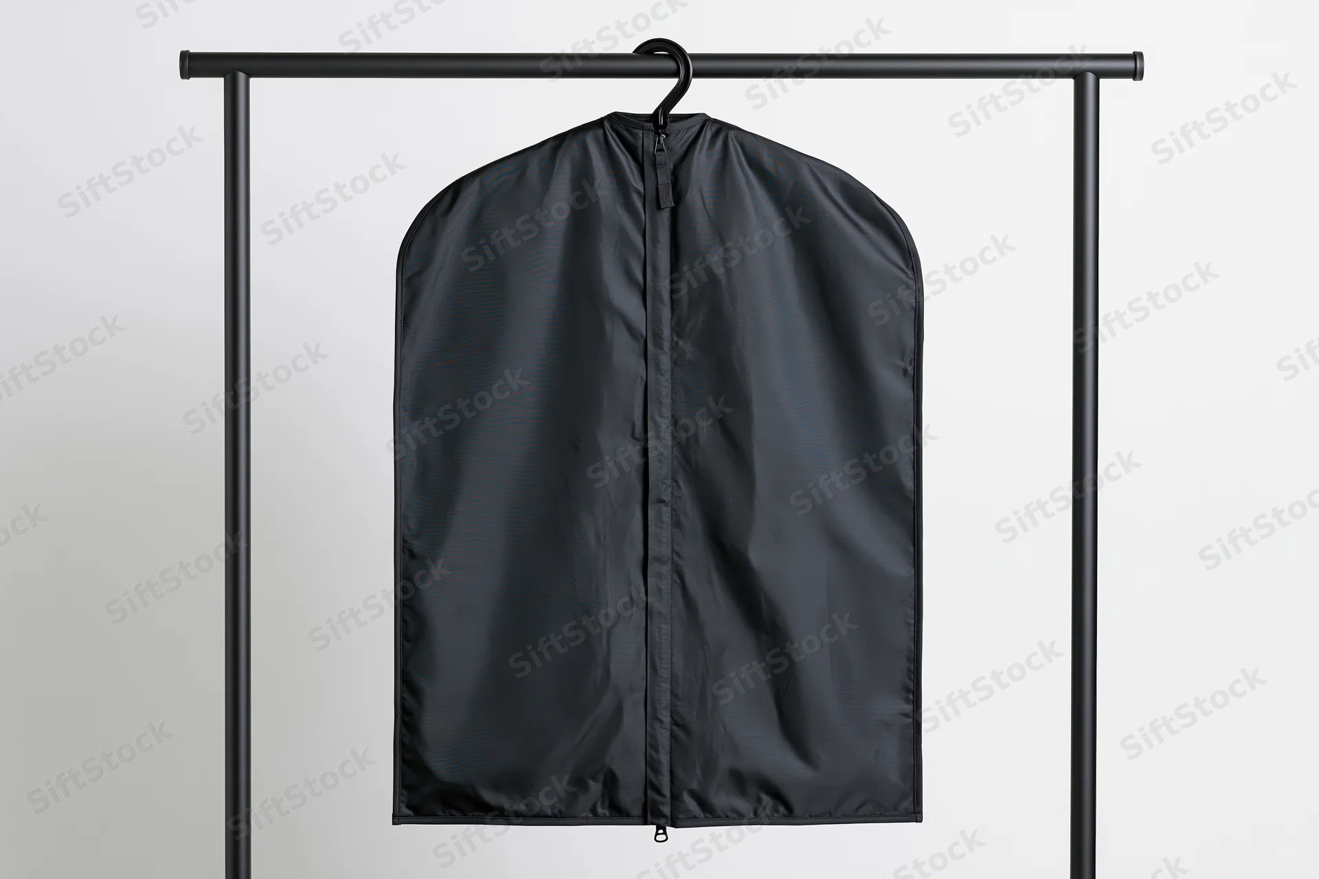 Black garment bag hanging on a metal rack against a plain background