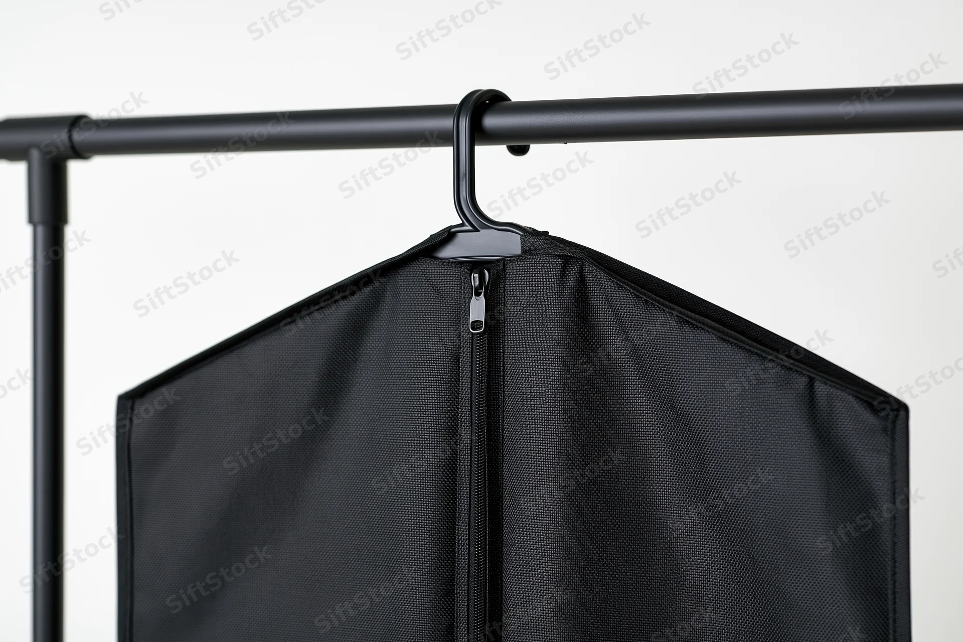 Black fabric garment bag hanging on matte black metal rack against white background
