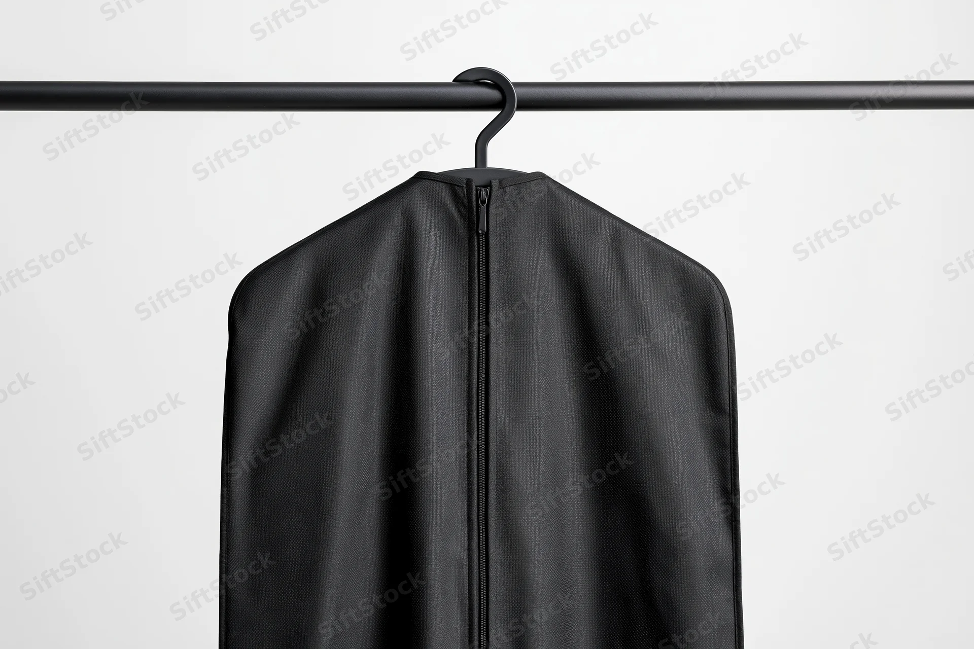 Black fabric garment bag hanging on a matte black metal rack against a white background