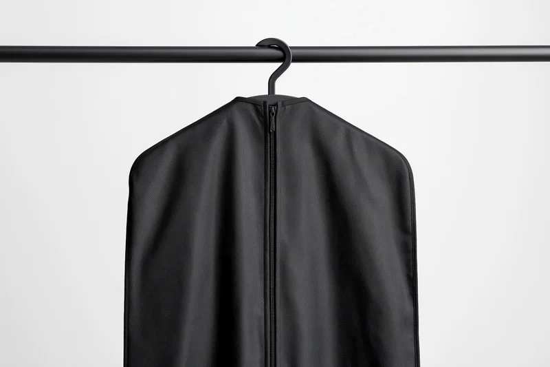 Black fabric garment bag hanging on a matte black metal rack against a white background