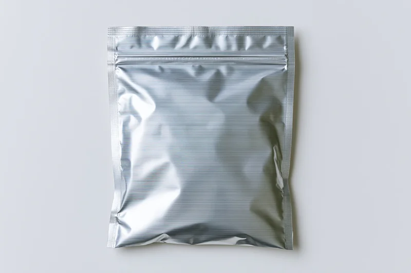 Silver mylar zip-lock pouch lying flat on white surface
