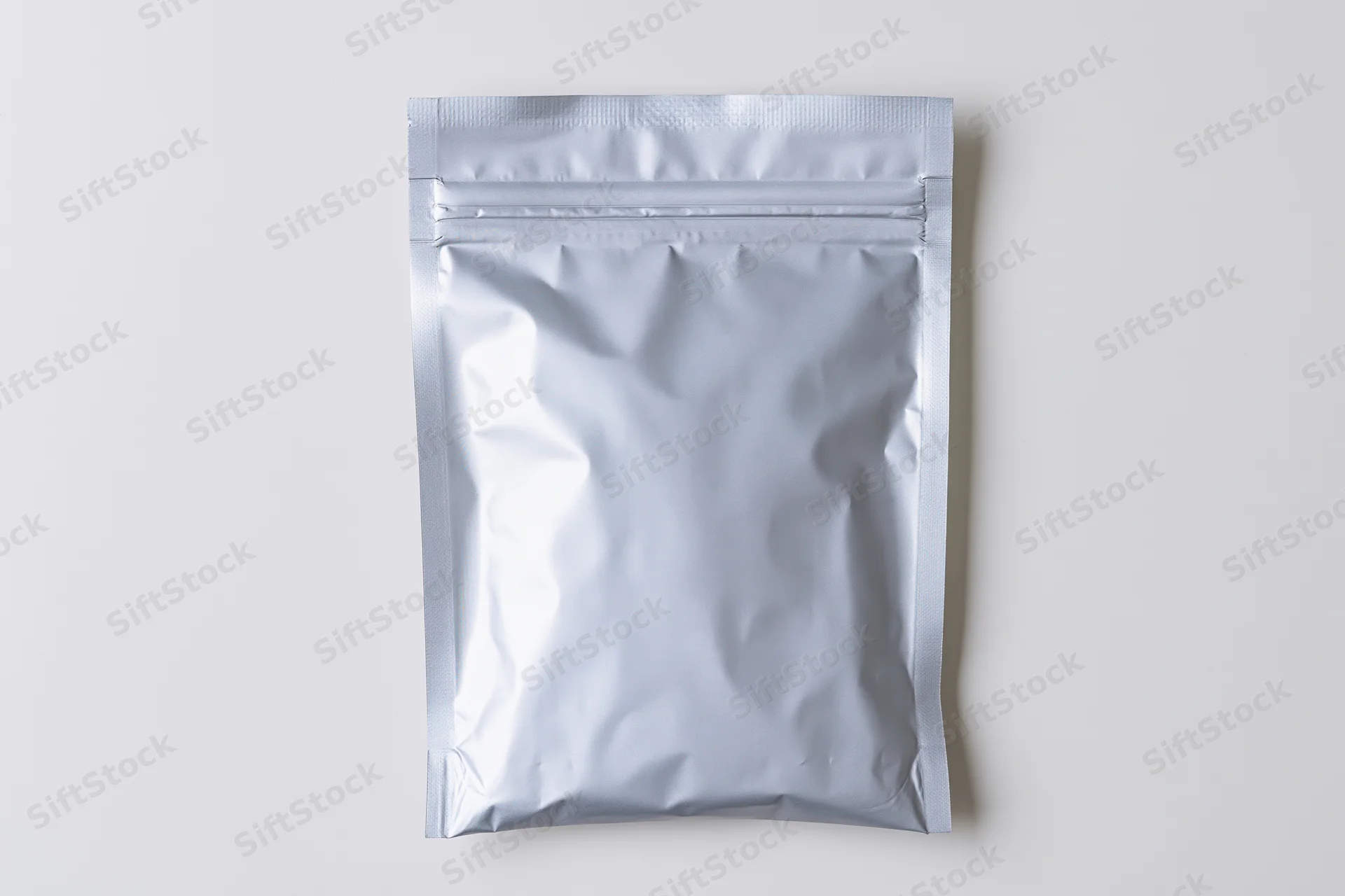 Silver mylar zip-lock pouch lying flat on white background