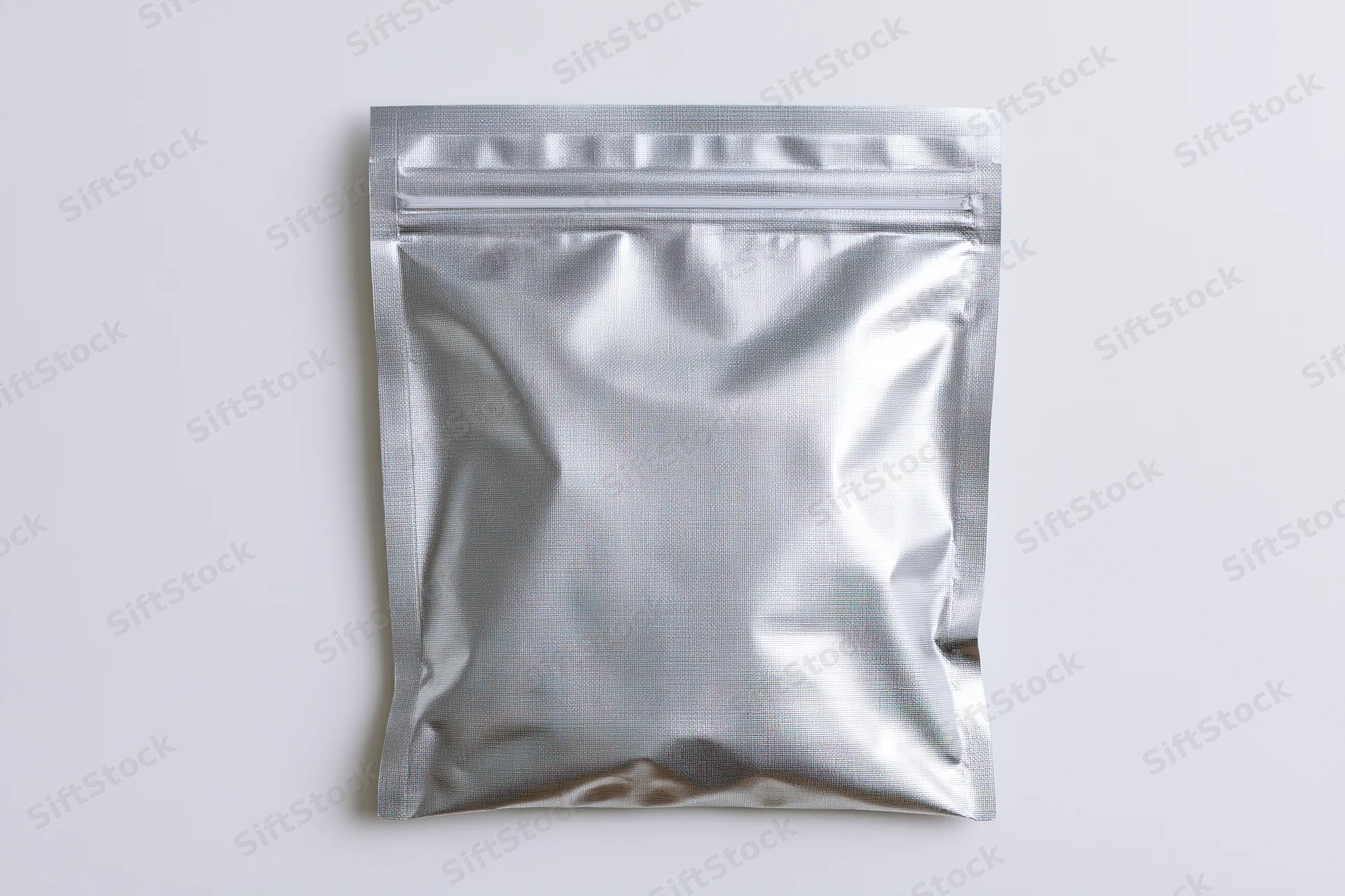 Silver mylar zip-lock pouch lying flat on white surface