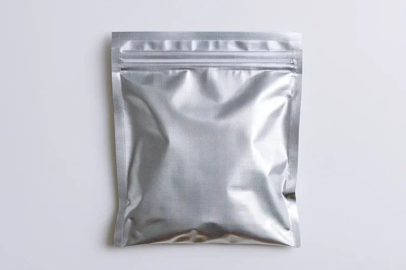 Silver mylar zip-lock pouch lying flat on white surface