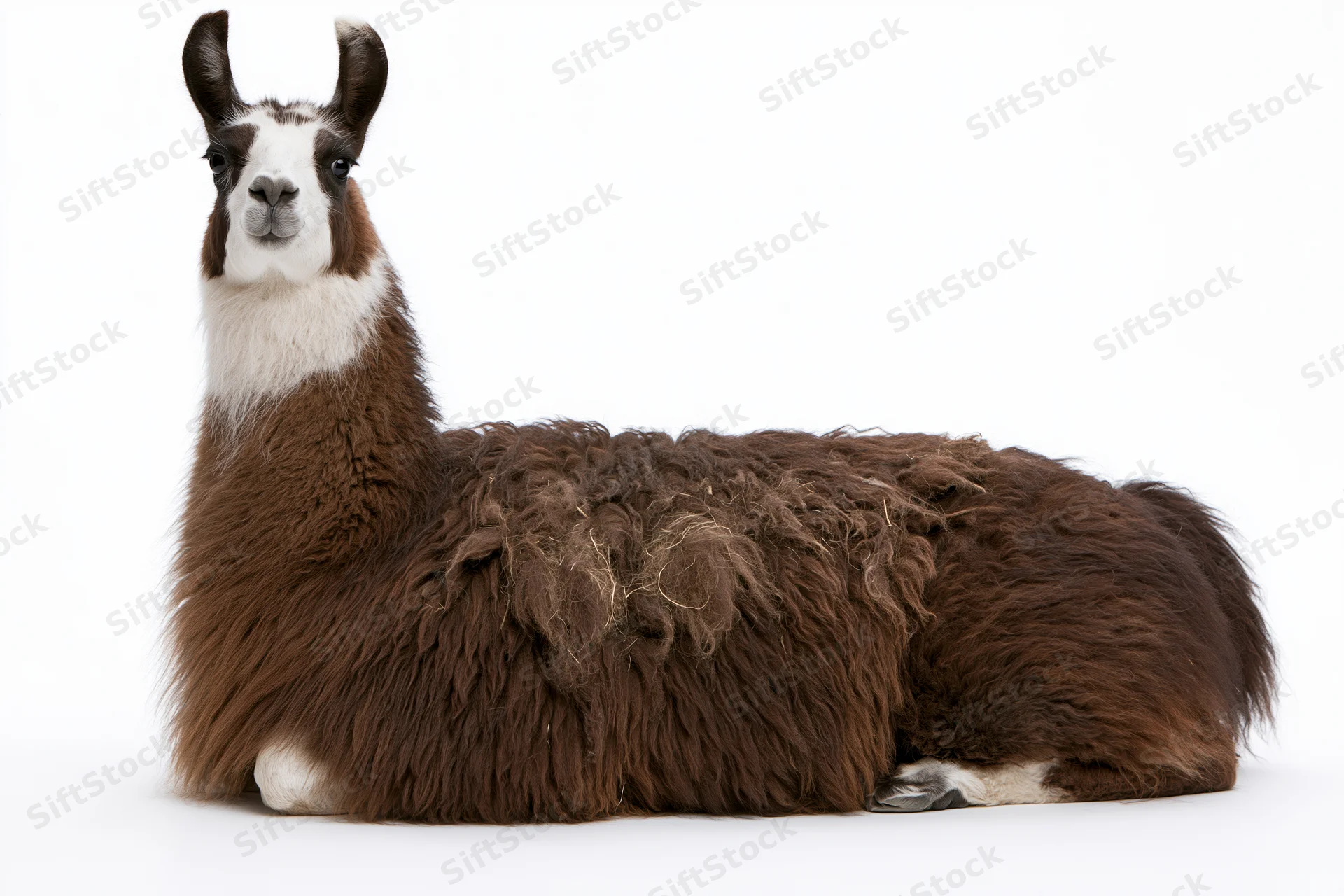 Brown and white llama lying down with legs tucked on white background