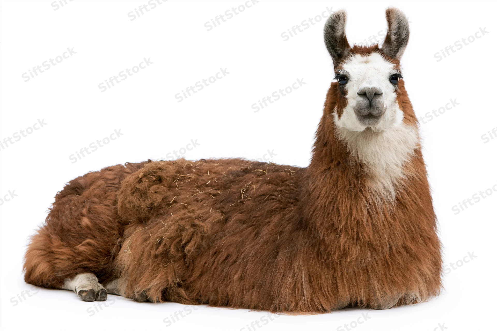 Brown and white llama lying down with legs tucked on white background