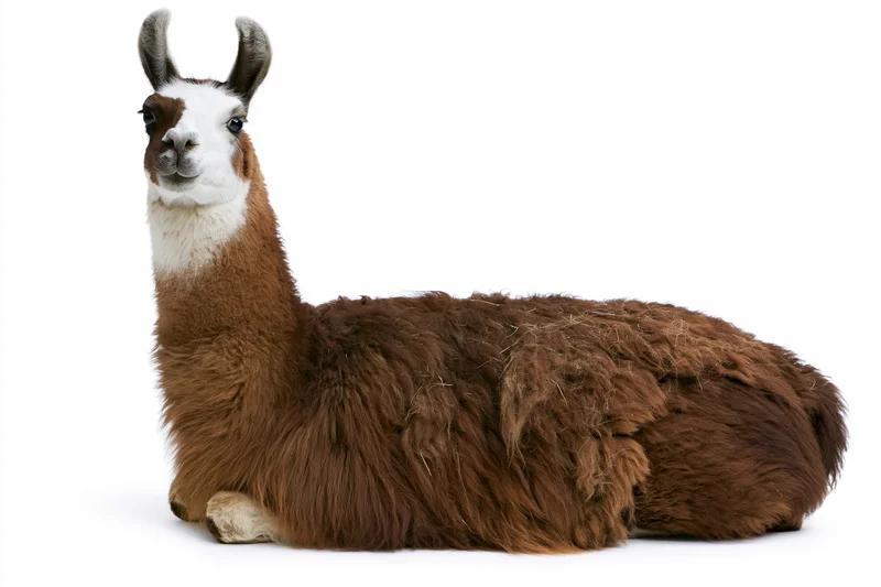 Brown and white llama lying down with legs tucked on white background