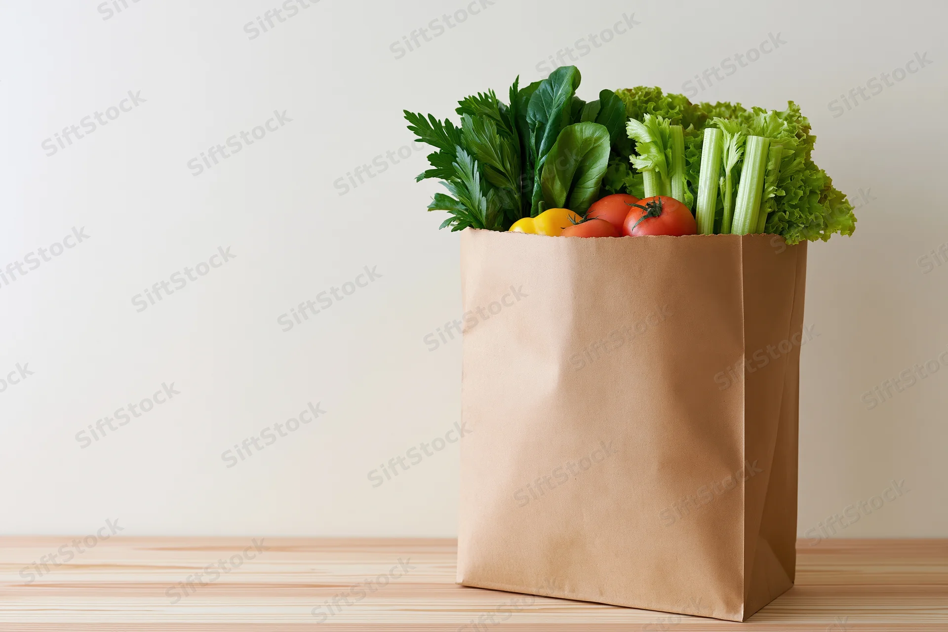 Brown paper grocery bag filled with fresh vegetables on wooden table