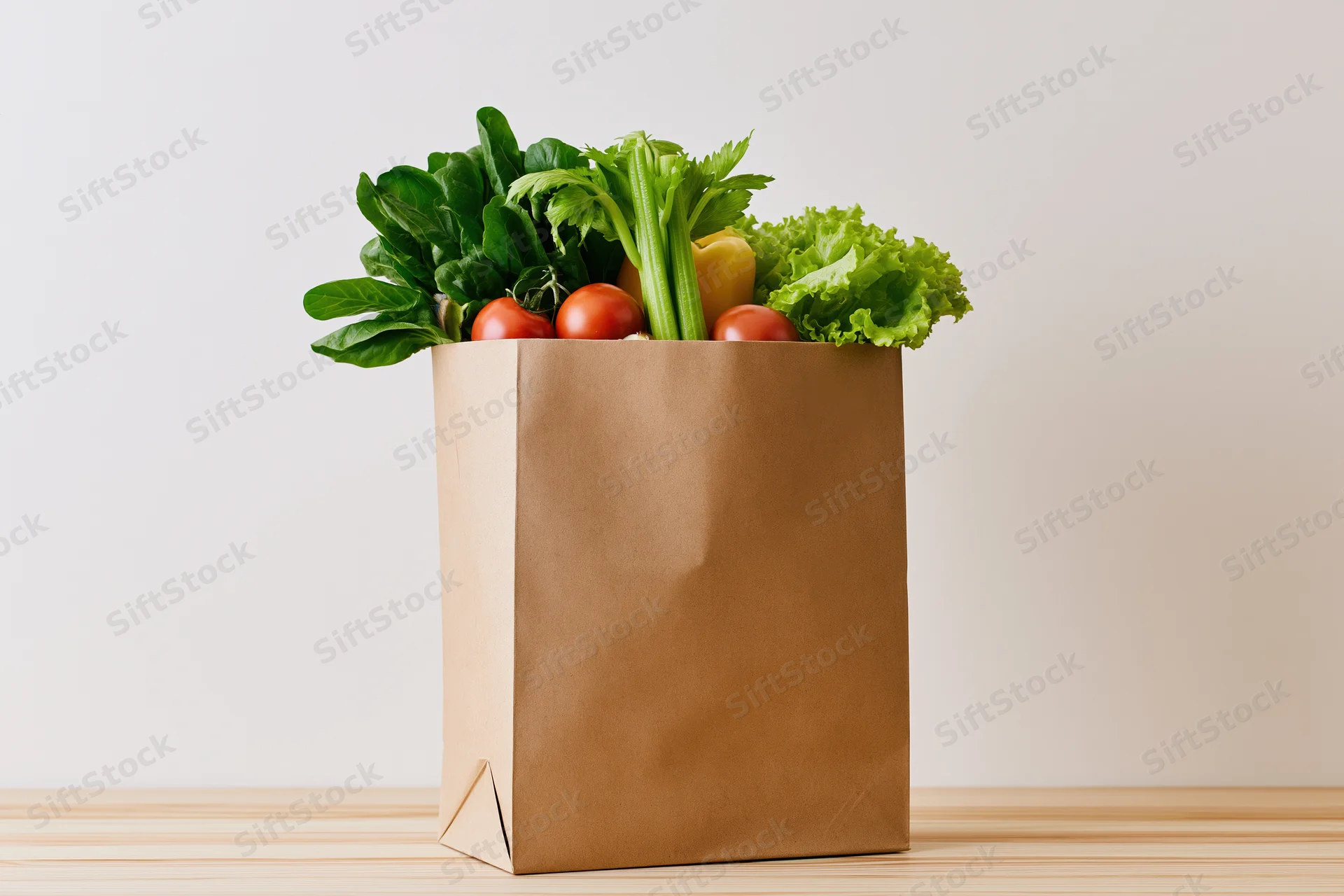Brown kraft paper grocery bag filled with fresh vegetables on wooden surface
