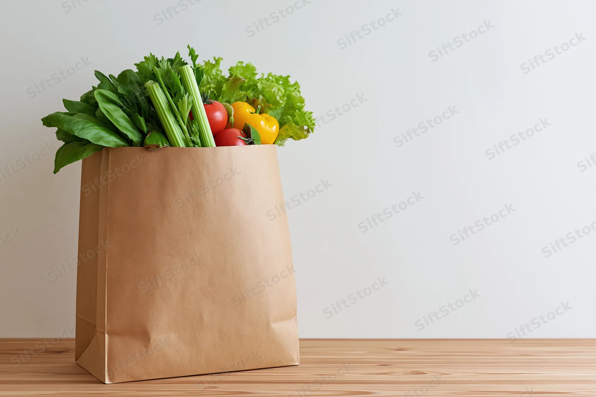 Brown paper grocery bag filled with fresh vegetables on wooden table